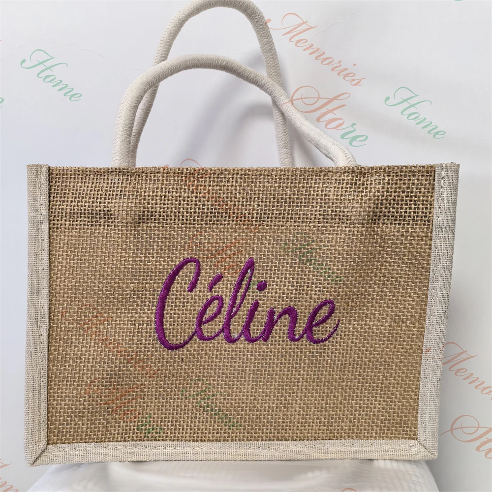 New Women's Small Size Linen Tote Bags Custom Name Spliced Jute Tote Shopping Bags Mini Handbags Embroidered Gift Bag with Names