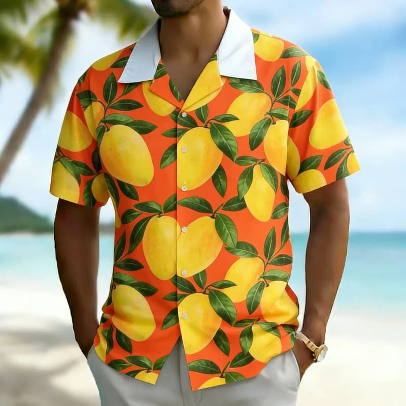 Men's tropical fruit print short-sleeved shirt, featuring a stylish summer style, for beach vacations, and daily commuting