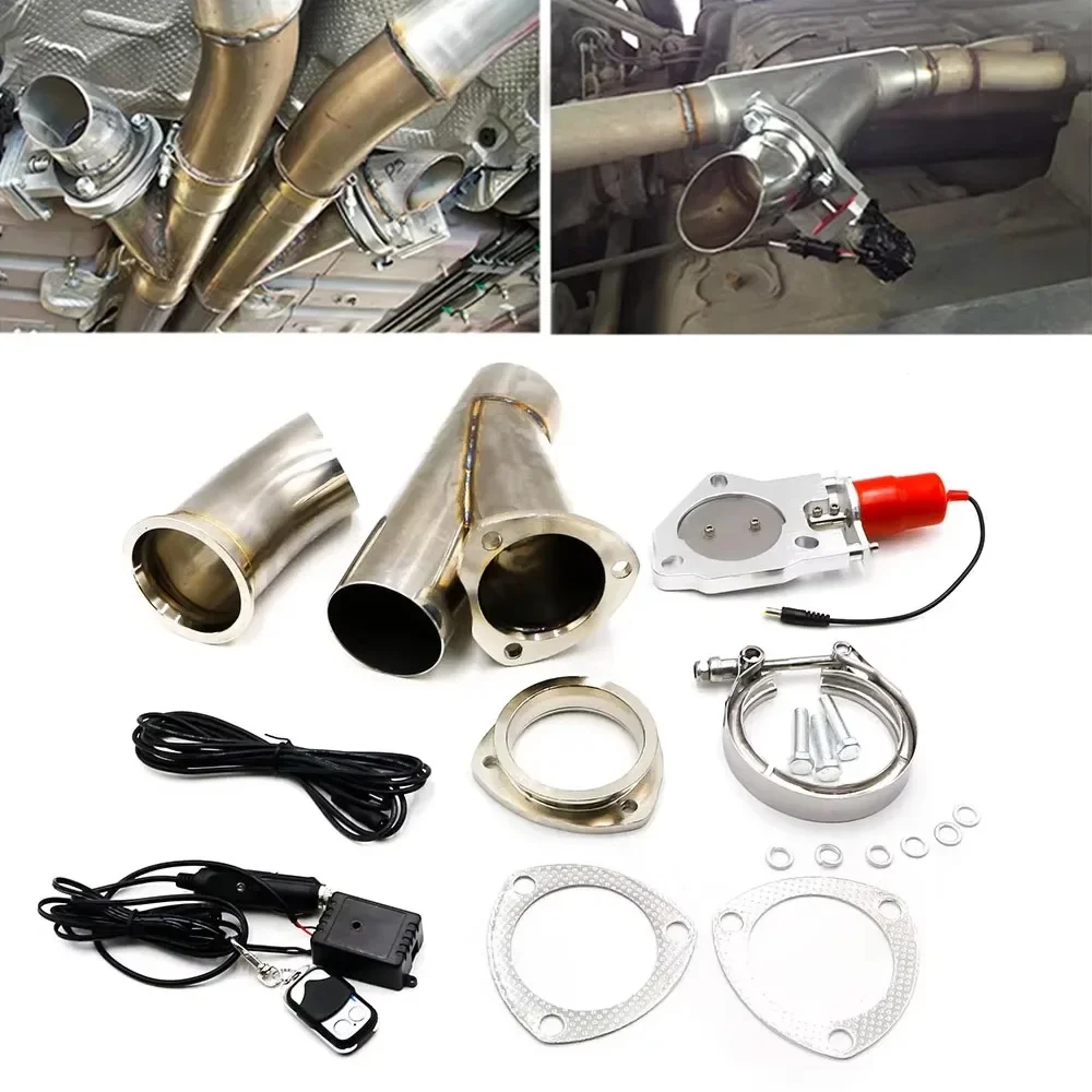 Auto Universal Electric Double Exhaust Control Valve Y Pipe Kit 2/2.25/2.5/3Inch Exhaust Cutout With Remote