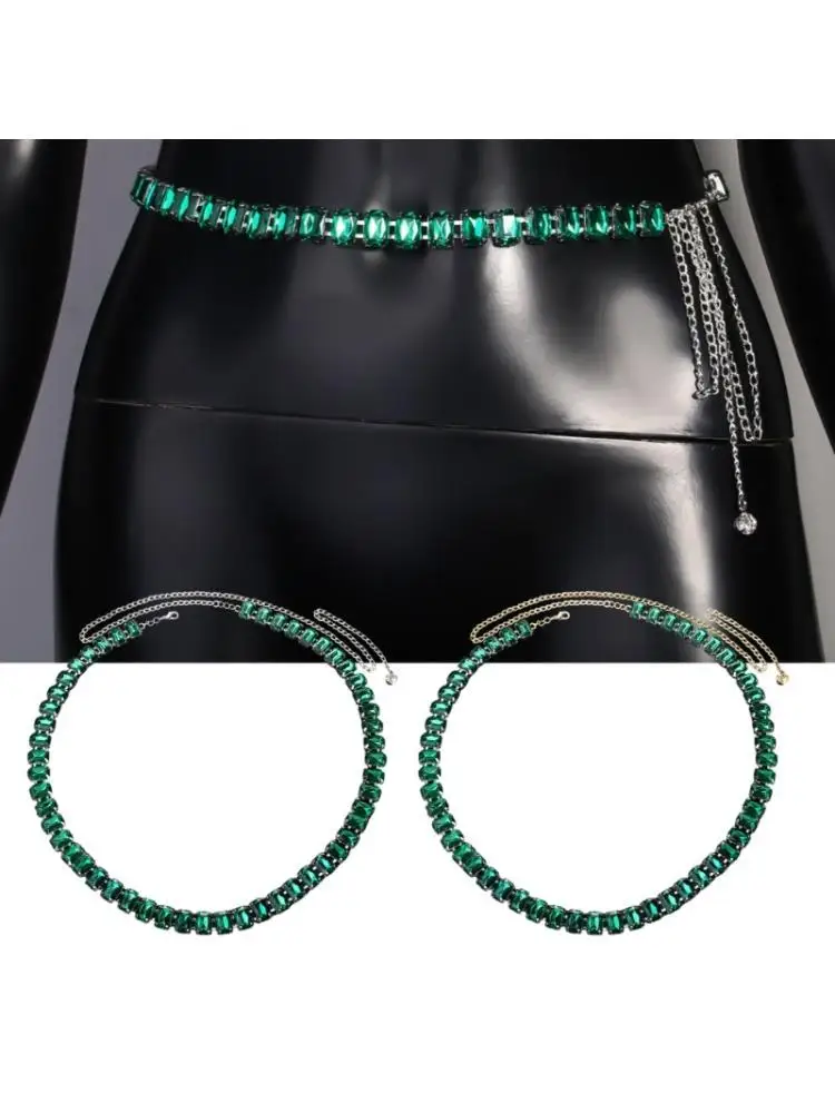 

P9FE ослепительно зеленый кристалл ювелирные изделия на талии со съемной бахромой на талии аксессуар из бисера для пляжных