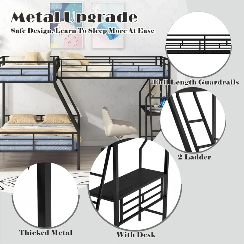 سرير معدني ثلاثي بطابقين على شكل حرف L مع مكتب، مزدوج فوق مساحة نوم كاملة، يتضمن علويًا وسلمًا مزدوجًا للأطفال #3