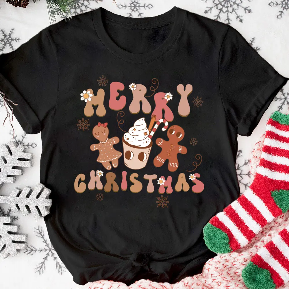 Merry Christmas Women\'s Short Sleeve Tee Christmas Gingerbread Cookies Printed Shirts Xams Party T-shirt Holiday Outfit Tee