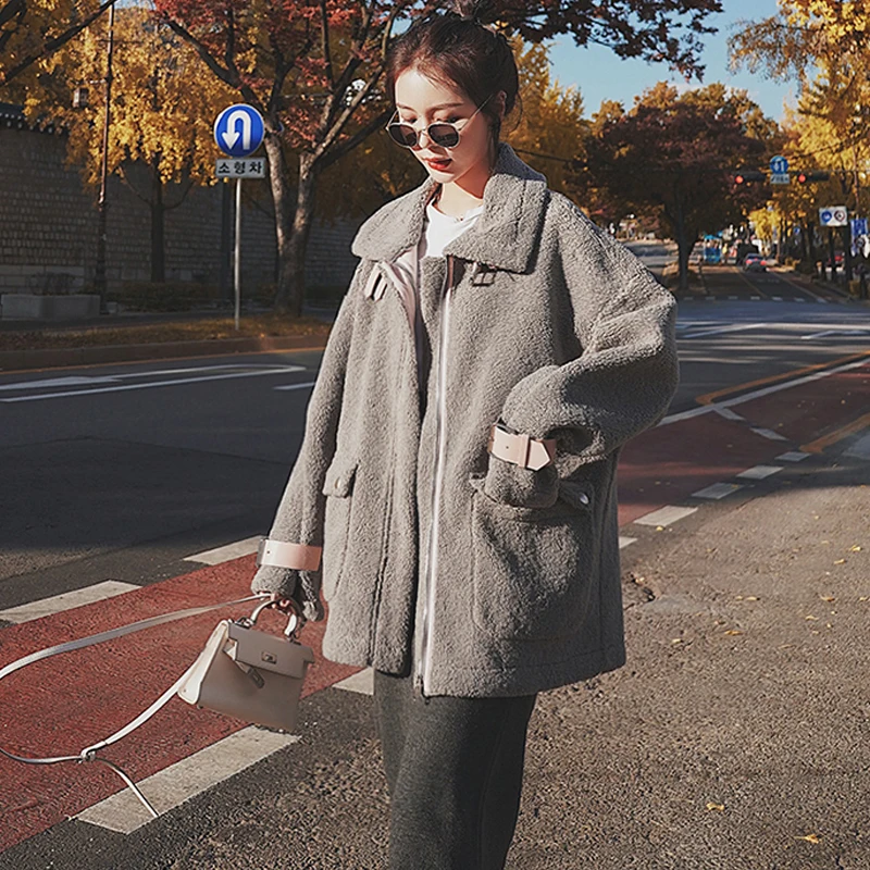 Retro Y2K High Street Suede Lamb Wool Coat Female Korean Version Ins Loose Lamb Fleece Motorcycle Suit Winter Coat Female New