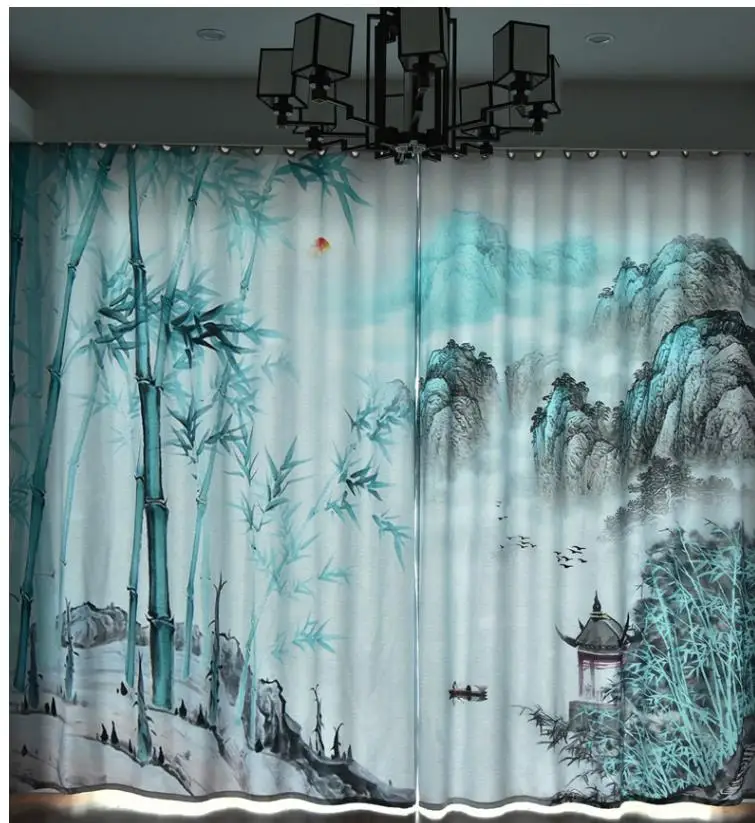 New curtains simple modern Chinese style landscape bamboo living room bedroom shading curtains personality curtains