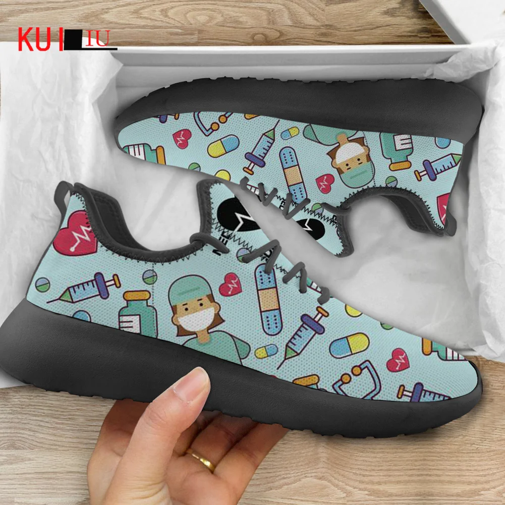 

KUILIU Cartoon Medical Icons Women Knit Sneakers Nurse Casual Autumn Lace Up Comfortable Breathable Mesh Shoes Running Footwear