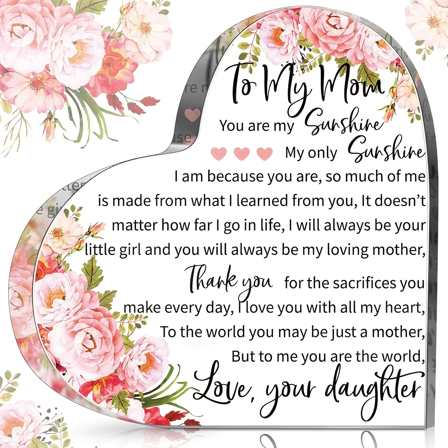 To My Mom Heart‑Shaped Acrylic Plaque, Pink Peony Floral Sentimental Gift from Daughter