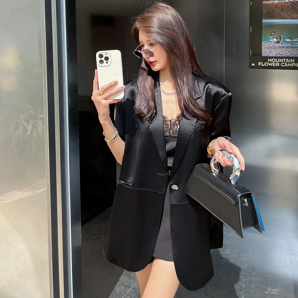 Korean Summer Satin Blazer Women Chic Casual Solid Short Sleeve Basics Coat Loose Notched One Button Female Suit Jackets Elegant