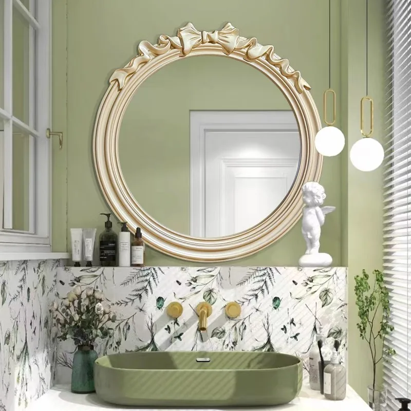 Yjq European bathroom mirror round wall-mounted toilet bathroom defogging retro makeup mirror