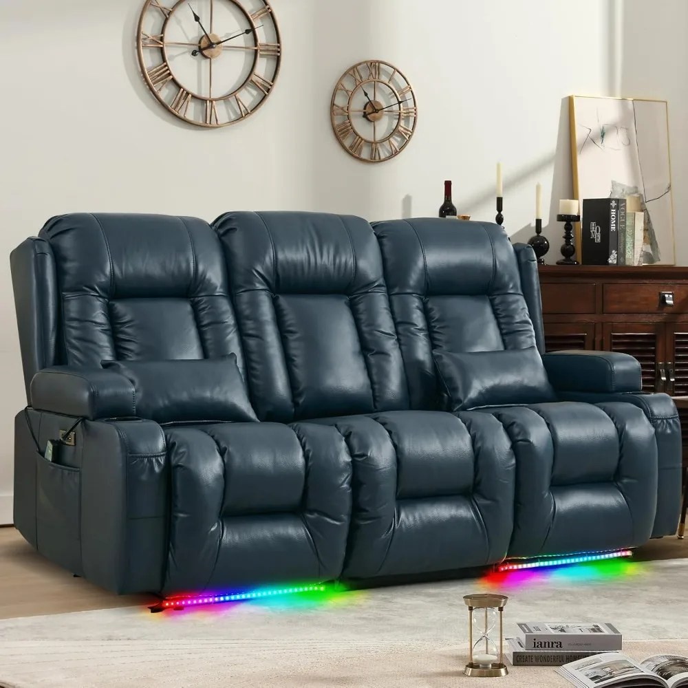 Power 3-Seater Recliner, Massage & Heating, with LED Lighting, Cup Holder, Lumbar Pillows, Electric 3 Seat RV Reclining Sofas