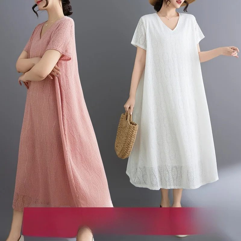 

Korean Style Lace Midi Dress Short Sleeve V-Neck plus Size Women's Summer City Walk A-Line Skirt Casual Vacation Wear