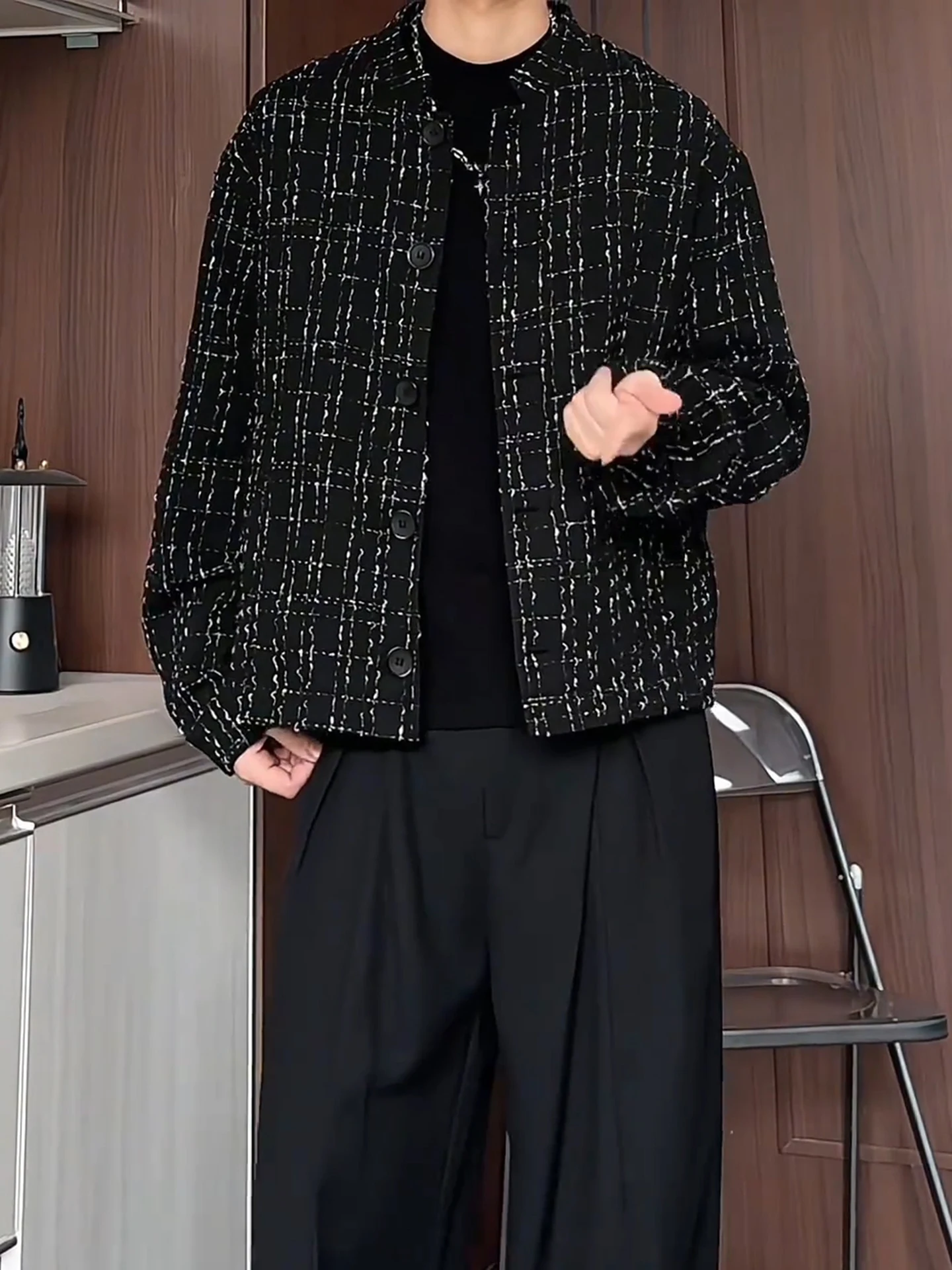 

Мужской черный пиджак с коротким воротником-стойкой в стиле «маленький аромат», клетчатый, премиум-класса, для весны и осени, верхняя одежда