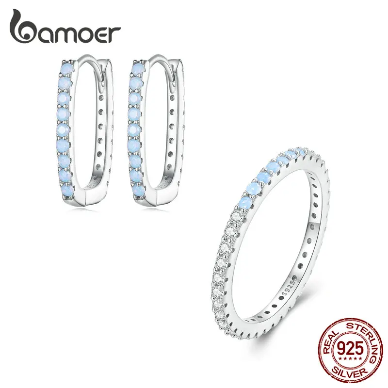 Bamoer 925 Sterling Silver Blue Opal Simple Jewelry Set Square Hoop Earrings Minimalist Finger Ring for Women Fine Jewelry