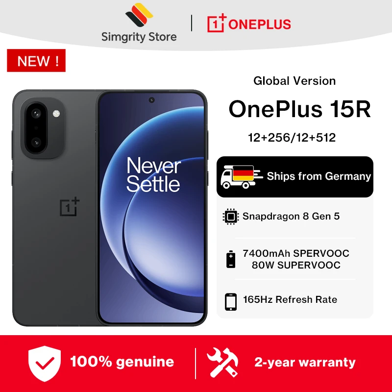 Smartphone OnePlus 15R version mondiale 5G, 12 Go + 256 Go, 12 Go + 512 Go, Snapdragon 8 Gen 5, 7400 mAh, écran 165 Hz, IP69, noir