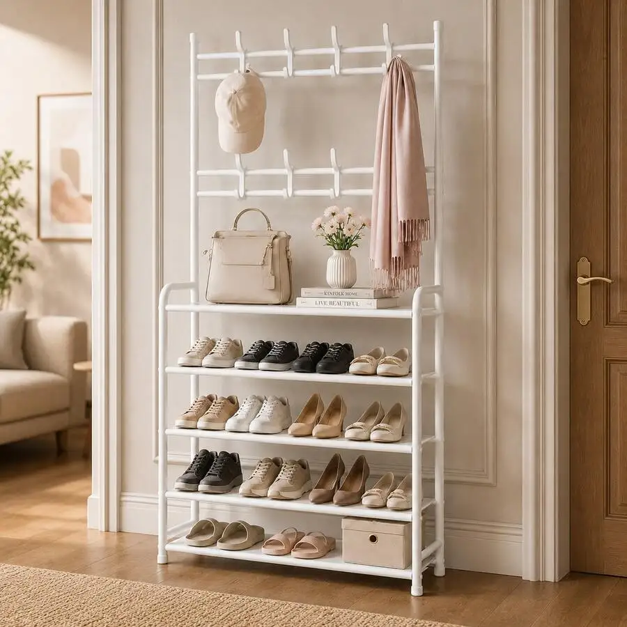 Multi-Functional Shoe Rack With Coat Hooks, 5-Tier Freestanding Shoe Shelf For Entryway, Heavy-Duty Shoe Organizer For