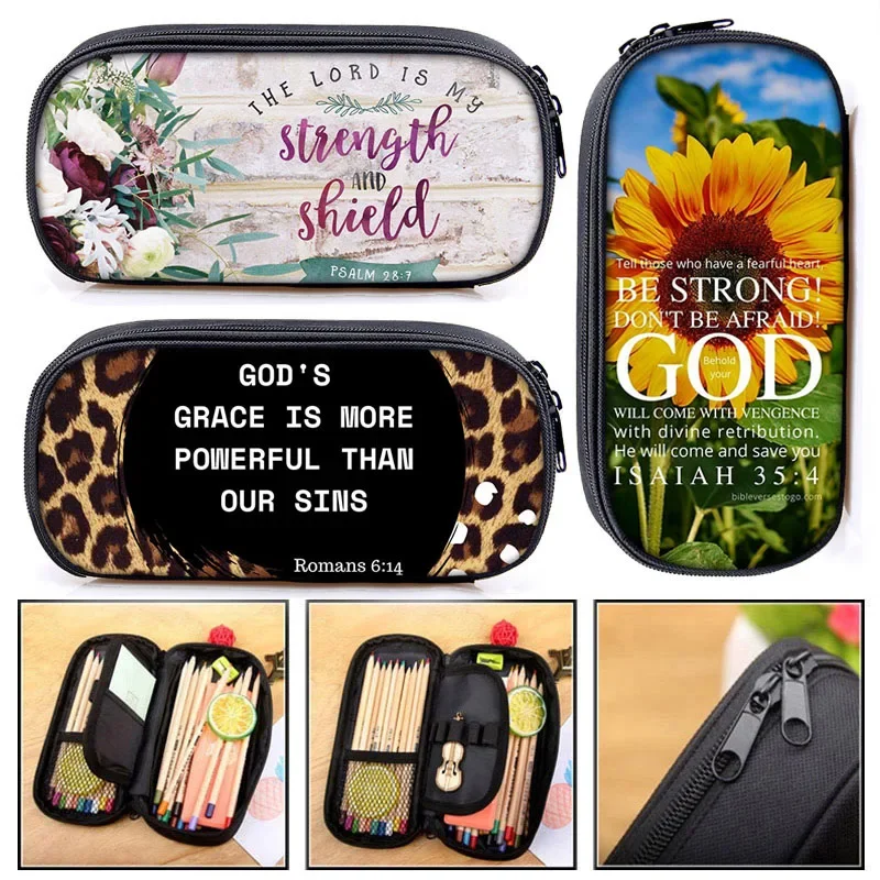 

Christian Bible Verse Floral Pencil Bags He Will Sustain You Clutch Girl Casual Pencil Box School Supplies Stationary Bag Gift