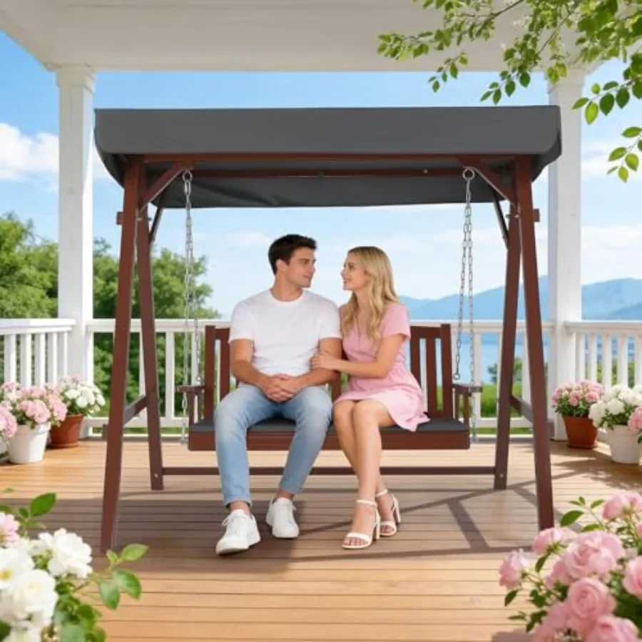 4Feet Heavy Duty Wooden Porch Swing with Stand and Canopy for outdoor use, solid wood, natural brown, weather-resistant finish