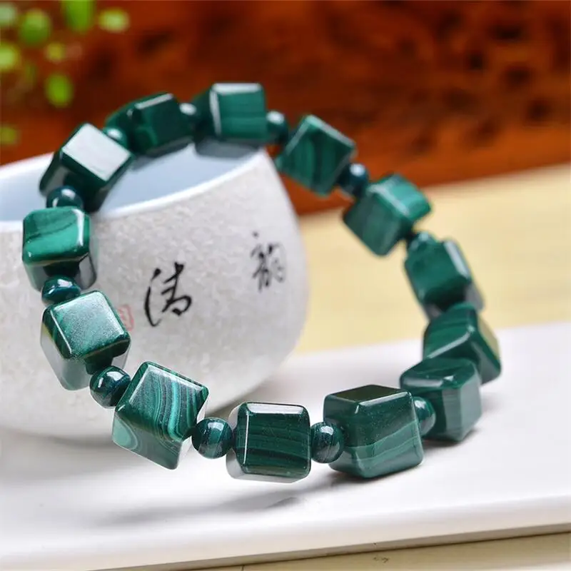 

10MM Natural Malachite Cube Bead Bracelet Lady Fashion Jewelry Healing Fengshui Lucky Holiday Gift 1PCS