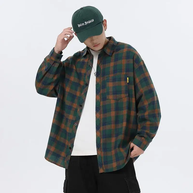 

Модная мужская клетчатая рубашка с длинными рукавами, повседневная универсальная одежда в корейском стиле на весну и осень, удобная свободная одежда для повседневной носки