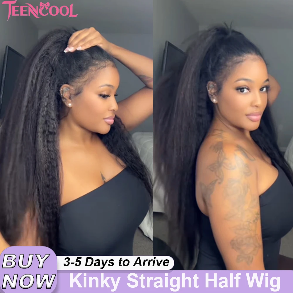 

30 Inch Kinky Straight Half Wig 3 In 1 Half Wig With Drawstring Flip Over Half Wig Yaki Straight Glueless Wigs Ready to Wear 200% Density