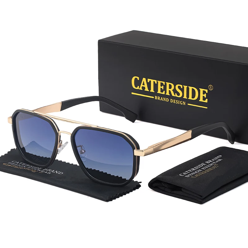 

CATERSIDE Retro Polygonal Polarized Sunglasses Men Punk Metal Frame Flat Top Double Bridge Sun Glasses Driving Fishing Eyewear