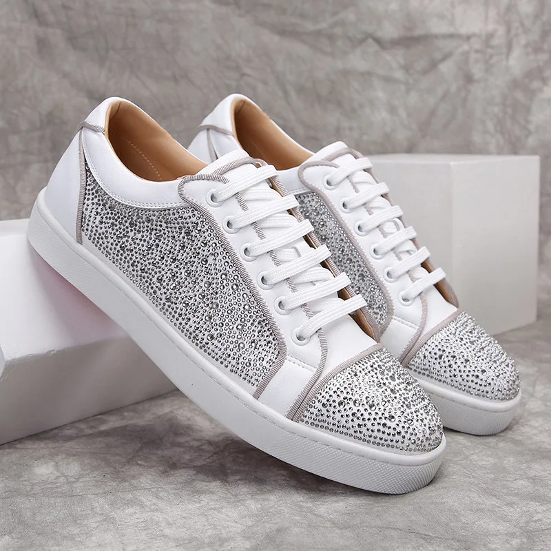 men luxury fashion stage nightclub dress rhinestone shoes lace-up genuine leather shoe flats platform sneakers trendy footwear