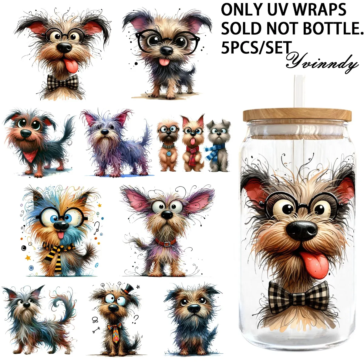 5 Stück/Set LUSTIGE, SKÜNFELDEIGE HUNDE 16OZ Glasgefäß UV DTF Hoch selbstklebend Geeignet zum Dekorieren von Tassen und Flaschen