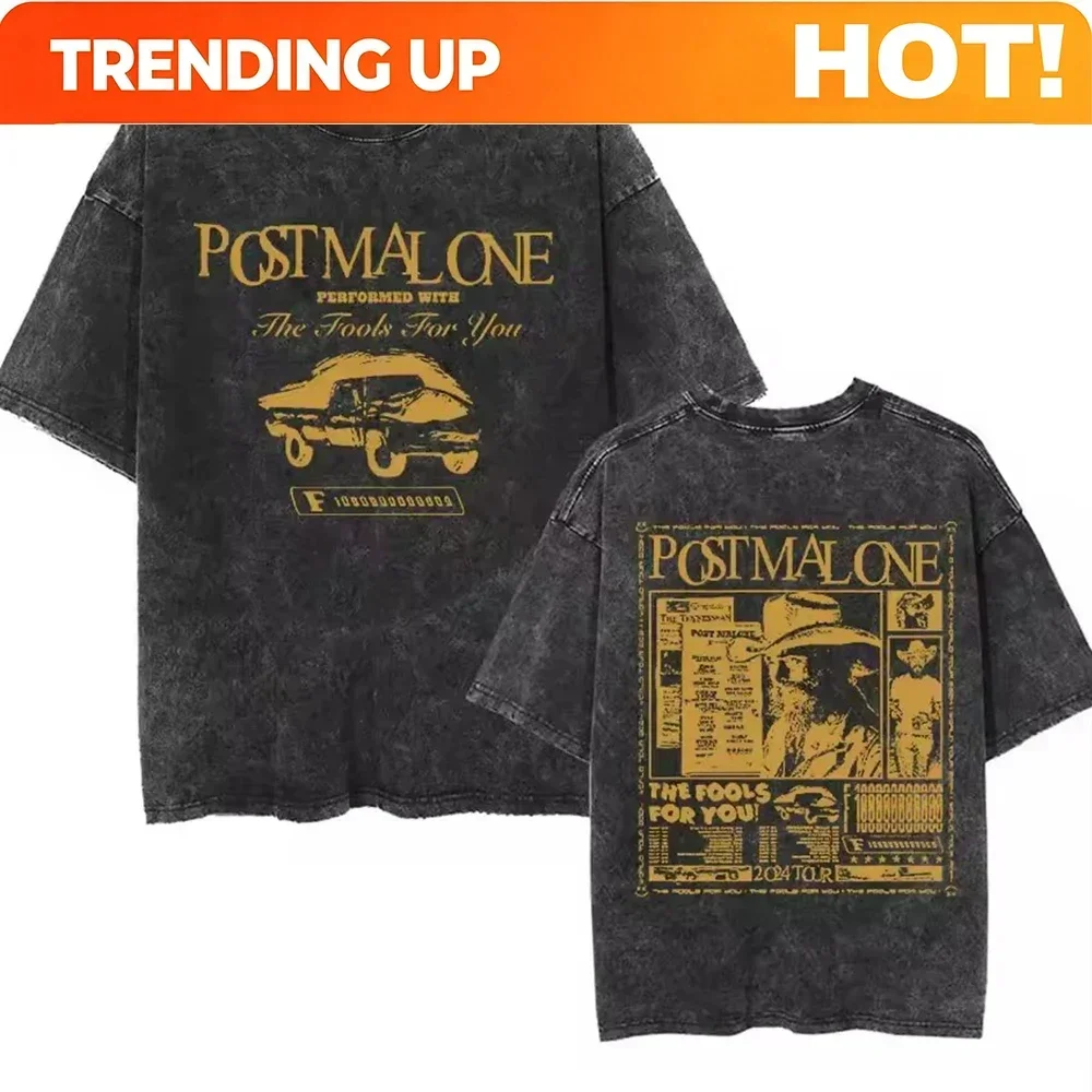 Customization Mens Clothes Tee Shirt Homme Rapper P-Posts M-Malones 2024 Vintage Washed Short Sleeved Round Neck Y2k Tshirt New