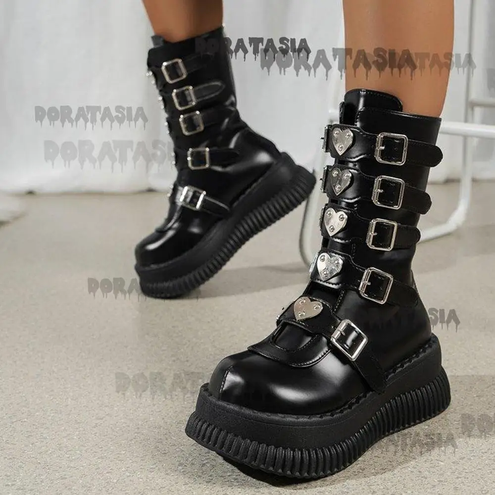 Platform Women Motorcycle Boots Buckle Thick Wedges Heel Mid Calf Shoes Luxury Punk Goth Cosplay Lolita Holloween Wintter Boots