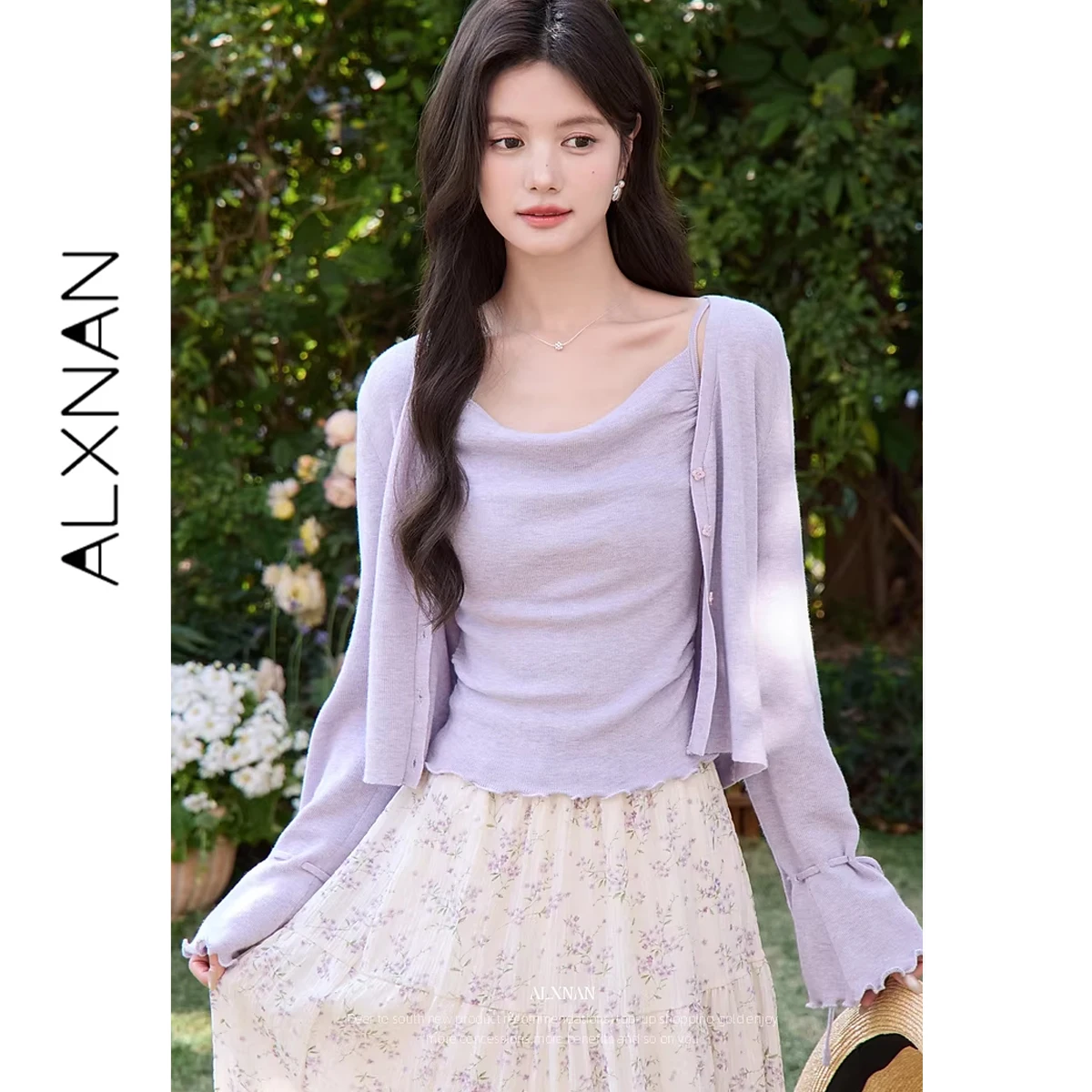 

ALXNAN Women's Purple Knit Cardigan Spring Fashion Elegant Long Sleeve Cardigans Wave Drawstring Cuffs Short Tops Ladies L62101