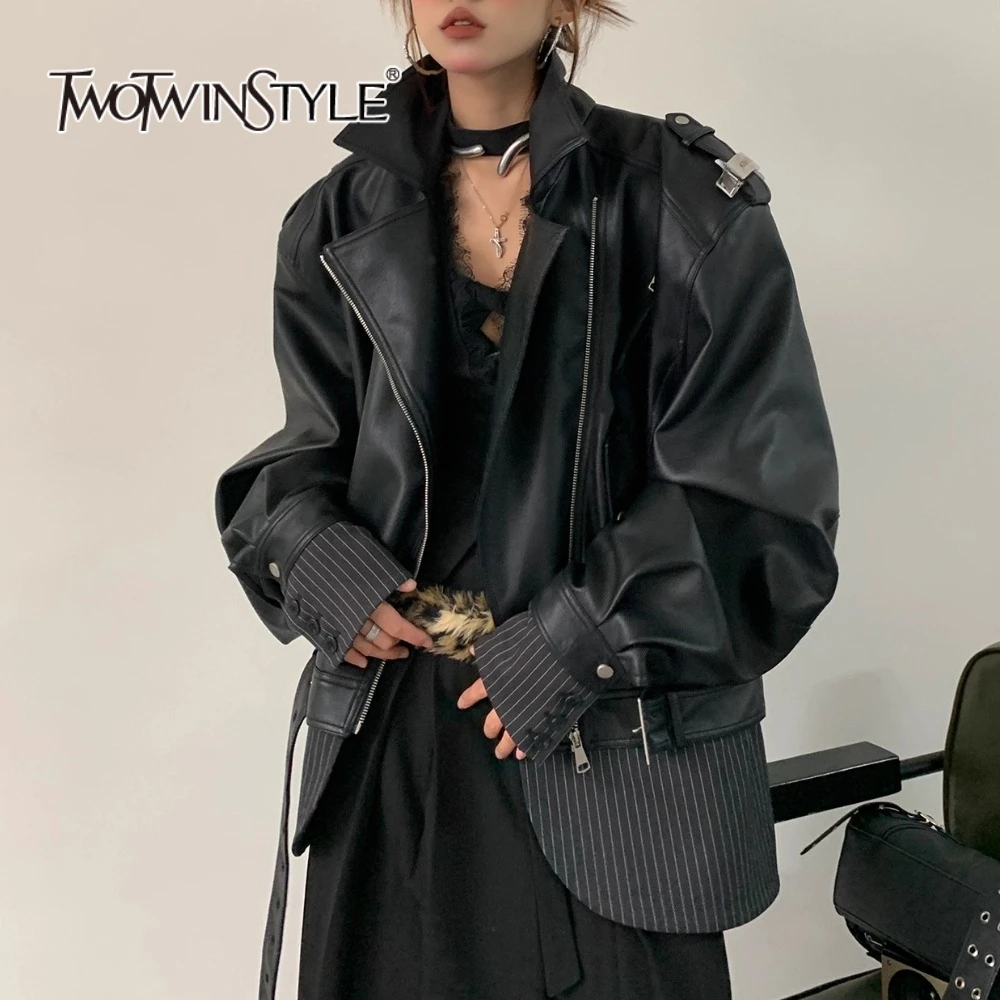

TWOTWINSTYLE хитовые цвета, свободные кожаные куртки на молнии для женщин, лоскутная куртка с воротником-стойкой и длинными рукавами, женская новинка