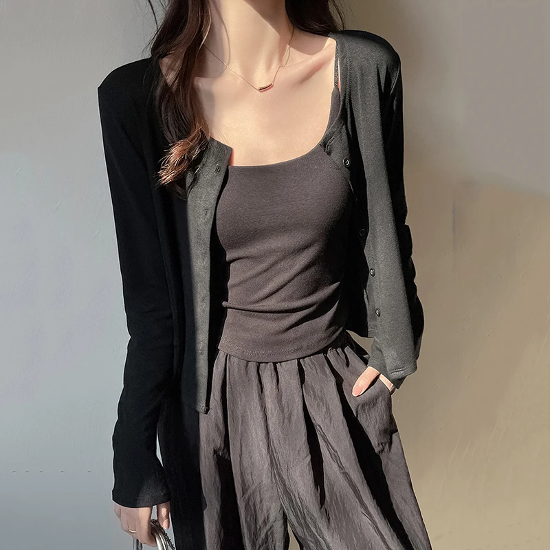 

Spring Summer Thin Long Sleeve Cardigans Women Solid Single Breasted Sunscreen Cardigan Woman Round Neck Korean Crop Tops Mujer