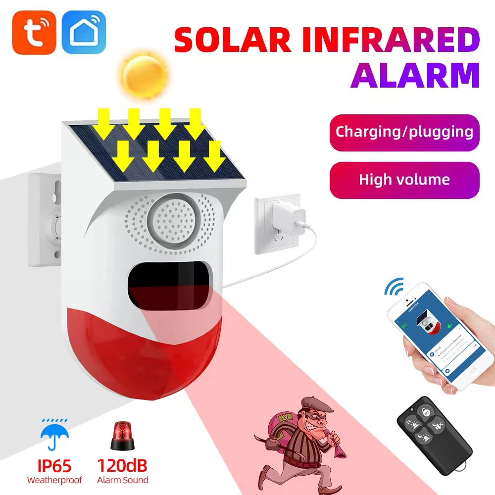 2 in 1 Tuya WiFi Smart Motion Detector Outdoor Charging Security Sound Alarm Detector Sensor Farm Garden Solar Infrared Alarm