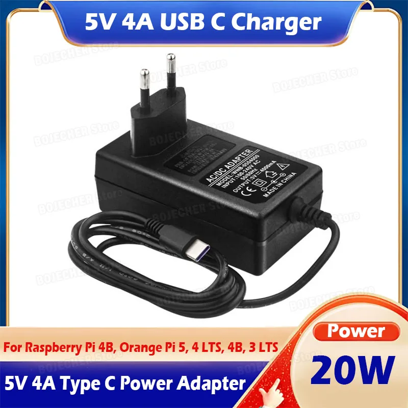 5V 4A USB C Charger For Raspberry Pi 4B 20W Type C Power Supply Adapter For Orange Pi 5/ 5B/4 LTS/4B/3 LTS/3B/Zero2 EU US Plug