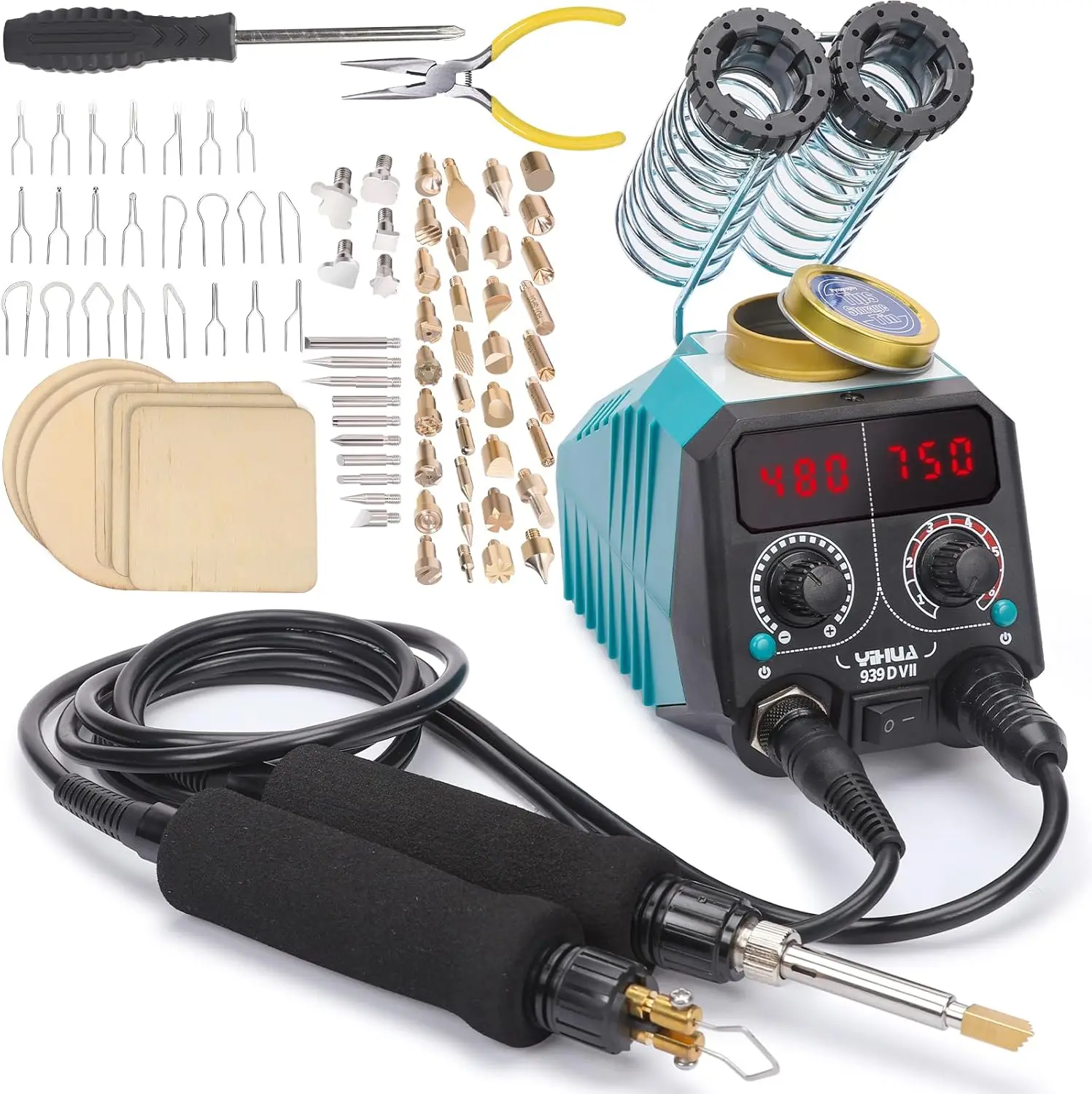 

Набор инструментов для пирографии 939D-VII Ручка для выжигания по дереву 2 в 1 с дисплеем температуры, 23 наконечника, 50 точек, 6 деревянных деталей