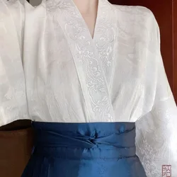 Original Chinese Traditional White Cross Collar Embroidered Long Sleeved Hanfu Shirt for Women 2024 Autumn Casual Tops Plus Size