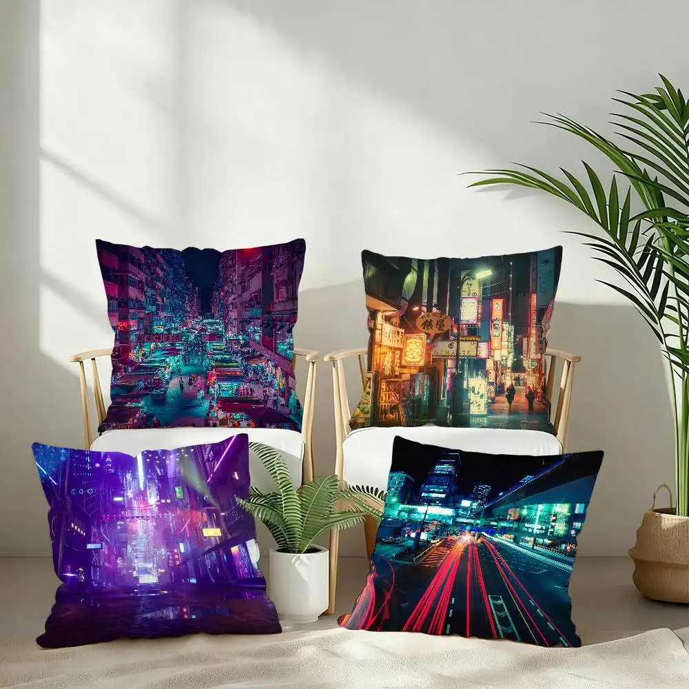 Taie d'oreiller carrée en forme de ville néon, 1 pièce, à la mode, pour chambre à coucher, canapé, chambre à coucher, décoration de loisirs