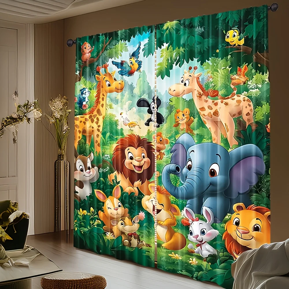 2pcs Cartoon Animal Curtains Kids Jungle Safari Print Polyester Window Drapes for Boys Girls Bedroom Nursery Home Decor