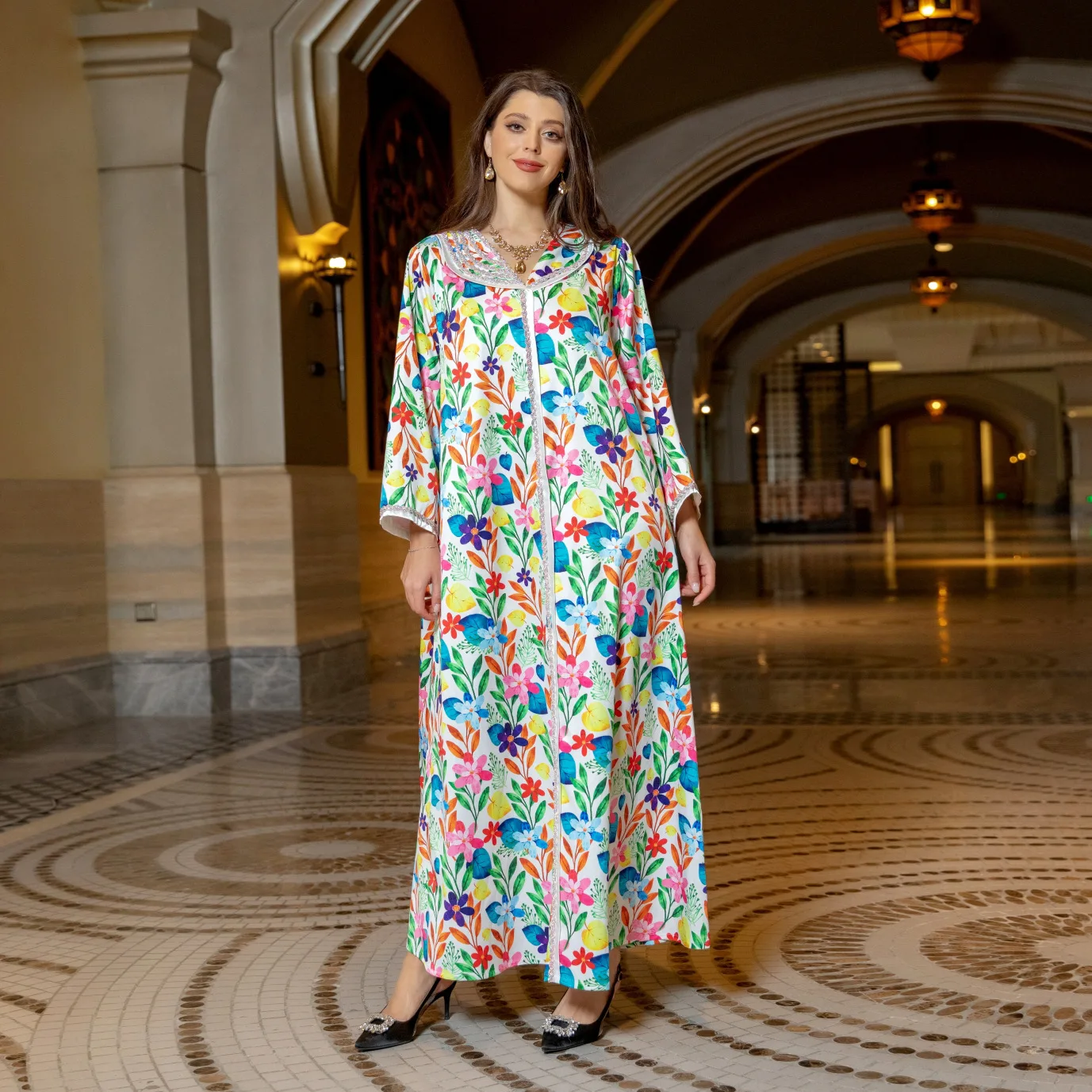 AB321 long sleeved women's printed rhinestone long robe, light luxury evening dress, home reception, Arabic women's clothing