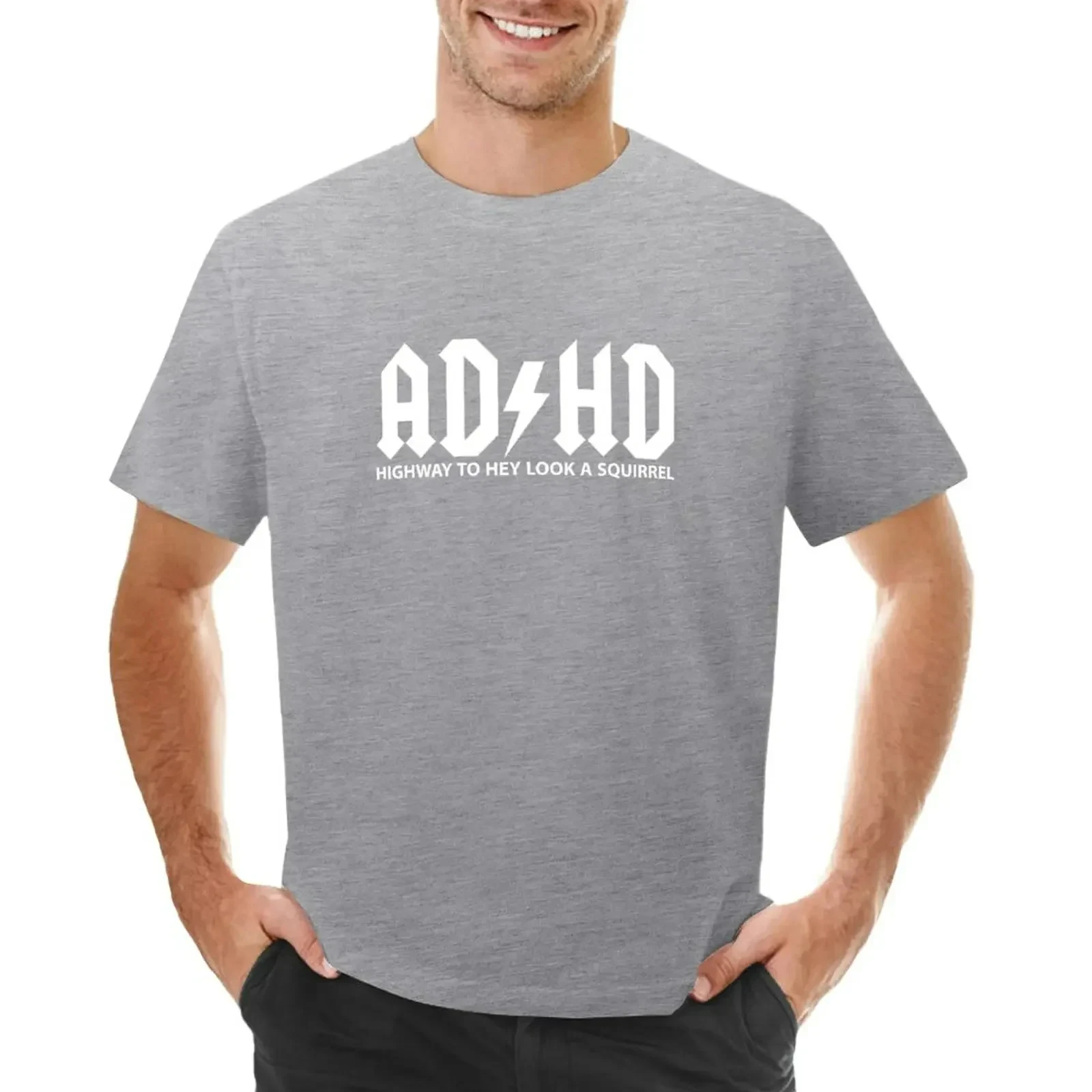 Men's Summer Style Fashion ADHD Highway To... Hey Look At A Squirrel Men's Funny T-Shirt Short Sleeve Shirt Men's Casual T-Shirt