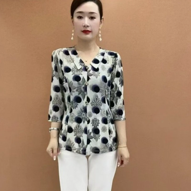 Summer New Women's Blouse lapel Neck Button Printed Ventilate All-match Elegant Loose Comfortable Three Quarter Tops image 6