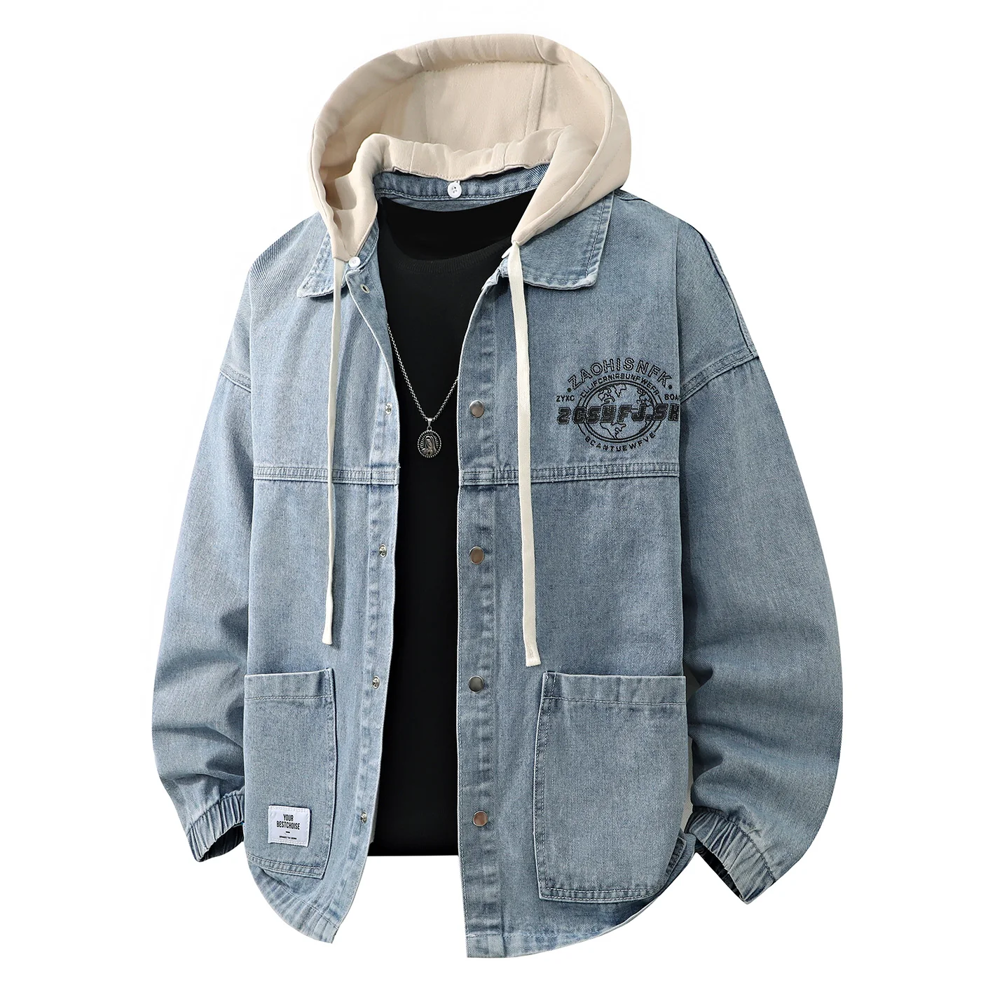 

Men's Casual Blue Cargo Denim Hooded Jacket 2025 Spring Autumn Letter Print Button Down Workwear Hoodies Coats With Chest Pocket