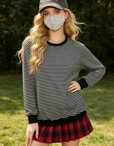Striped Long Sleeve Crew Neck T-Shirt, Women's Loose Fit Casual Everyday Wear view 3