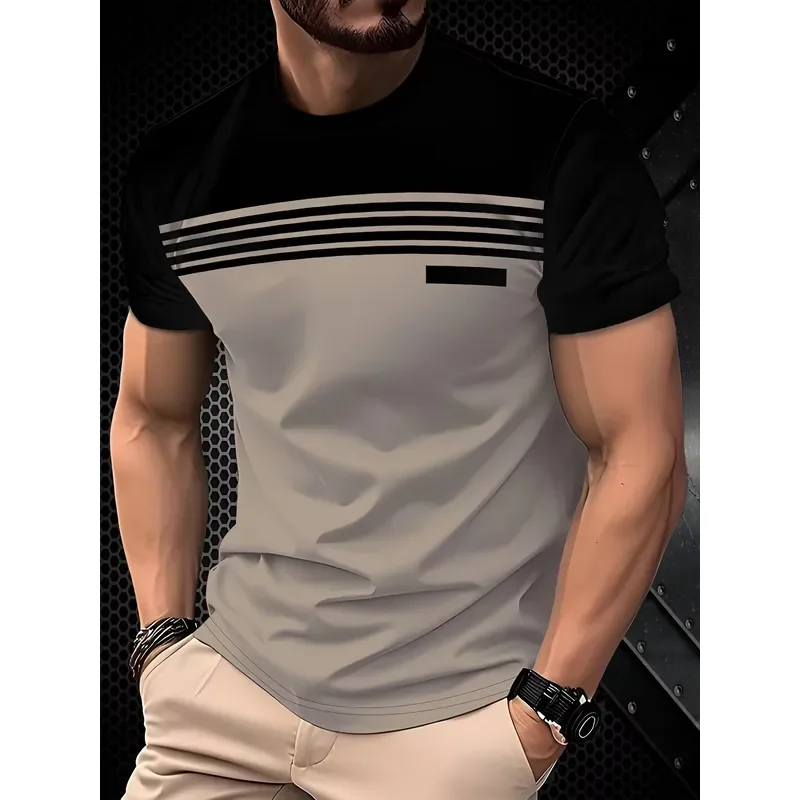 2026 Men T Shirt Summer Casual Fashion Soft Breathable 3D Striped Pattern Print Tee Top