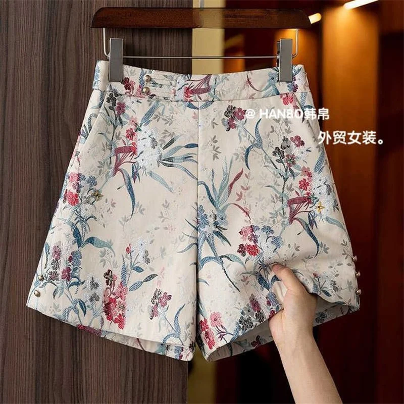 

Летние шорты в литературном китайском стиле с высокой талией и цветочным принтом, женские мягкие атласные широкие брюки, повседневные тонкие короткие брюки