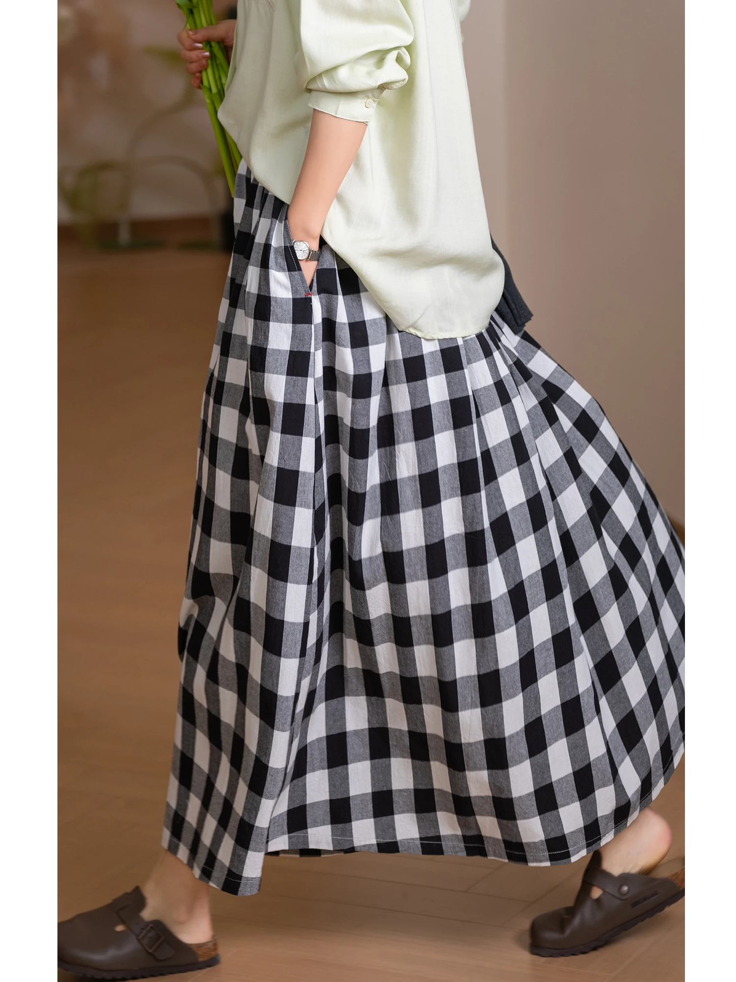 Slimming Plaid Skirt Color Woven 100% Cotton Elastic Waist Loose Women's  Skirt Casual Style A-Line Skirt Daily Wear