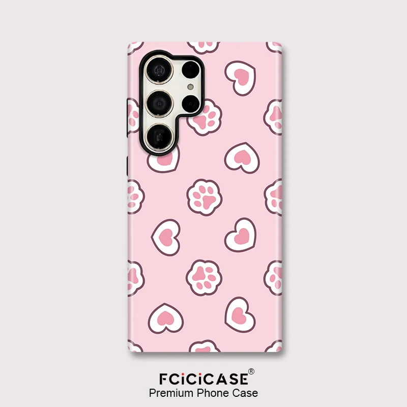 Fcicicase Acrylic Phone Case For Samsung Galaxy S23 Ultra S20 FE S24+ S25 Plus A26 A36 A16 A56 Cat Paw Love Heart Pattern Cover