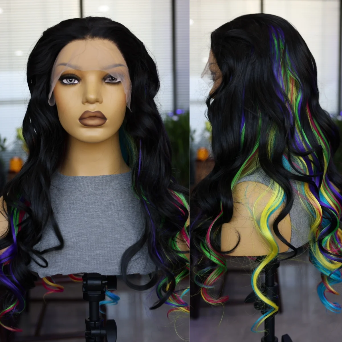 24 Inch Black Synthetic 13 * 4 Front Lace Wig Rainbow Wave Wig Suitable For Cosplay Women Wig Natural Hair Line Glueless Wigs