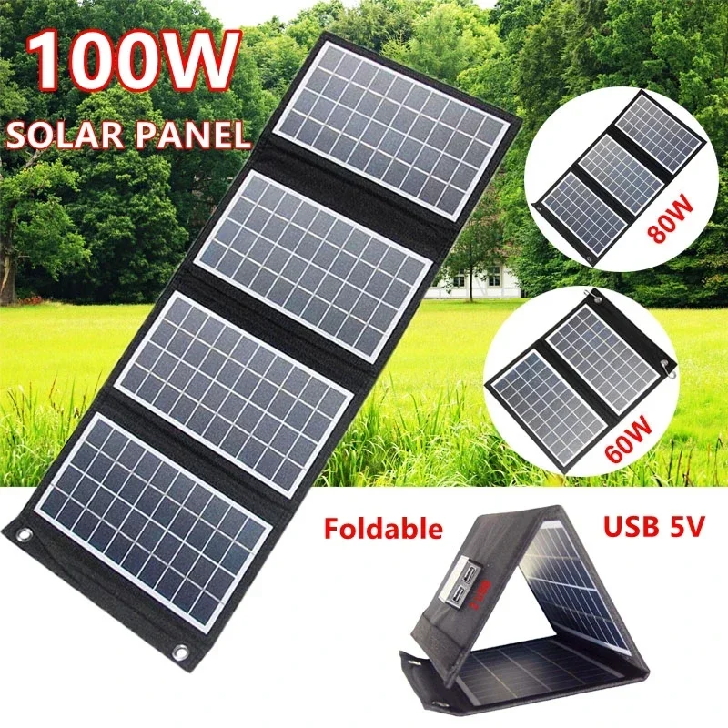 

100W/80W/60W Folding Solar Panel Portable Dual USB 5V Solar Charger for Camping Outdoor Power Station Phone Tablet Power Bank