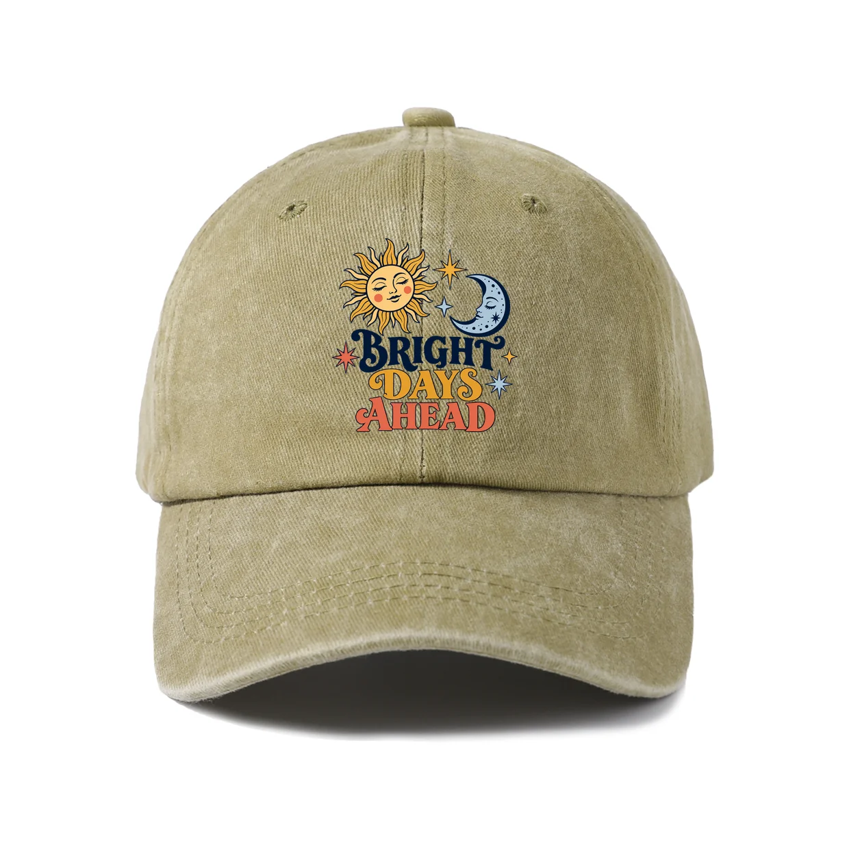 Bright Days Ahead Sun Moon Graphic Vintage Washed Baseball Cap, Adjustable Unisex Dad Hat, Casual Gift