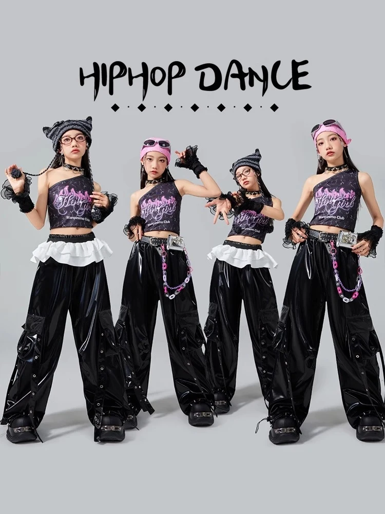 Kpop Jazz Dance Kleidung Hip Hop Kinder Leistung Anzug Sommer Nabel Tops Leder Hosen Mode Laufsteg Zeigen Straße Tragen BL16626